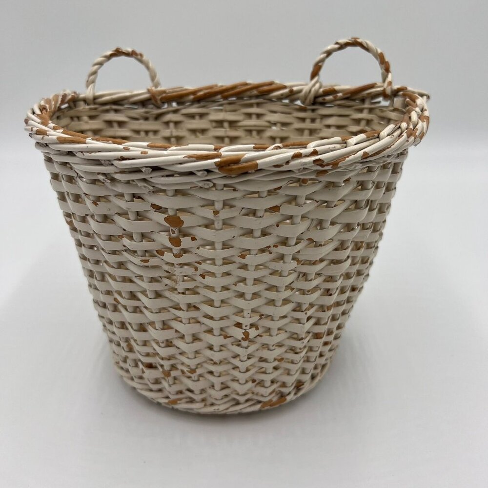 Vintage 1970's Bicycle Bike Handwoven Wicker Shabby White Storage Basket Handles